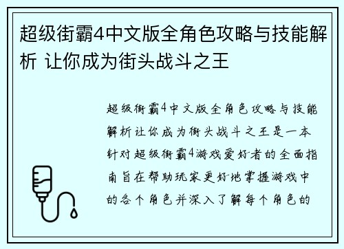 超级街霸4中文版全角色攻略与技能解析 让你成为街头战斗之王