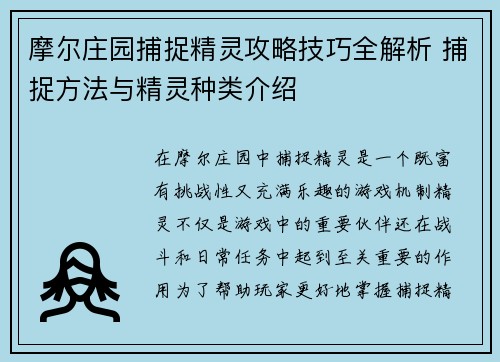 摩尔庄园捕捉精灵攻略技巧全解析 捕捉方法与精灵种类介绍